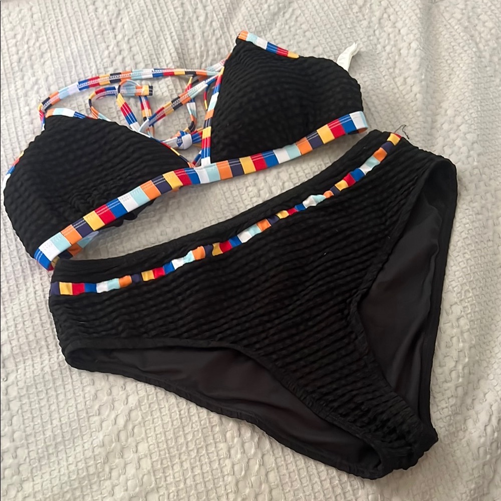 Colorful Striped Black Bikini Set